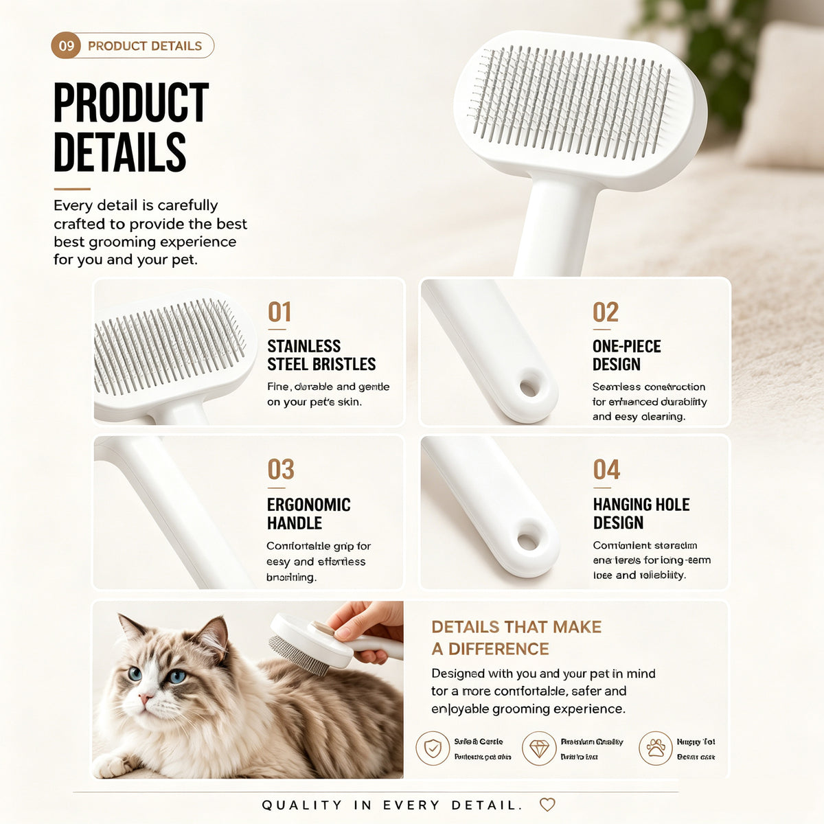 One-Click Self-Cleaning Slicker Brush for Cats &amp; Dogs – Stainless Steel Pins, White – view 6