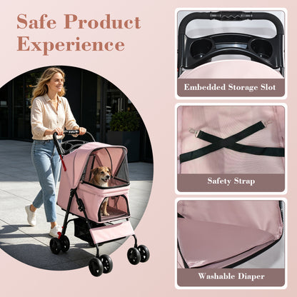 Foldable Pet Stroller for Small Dogs and Cats – One-Hand Fold, Tray, Storage Basket, Pink – view 5