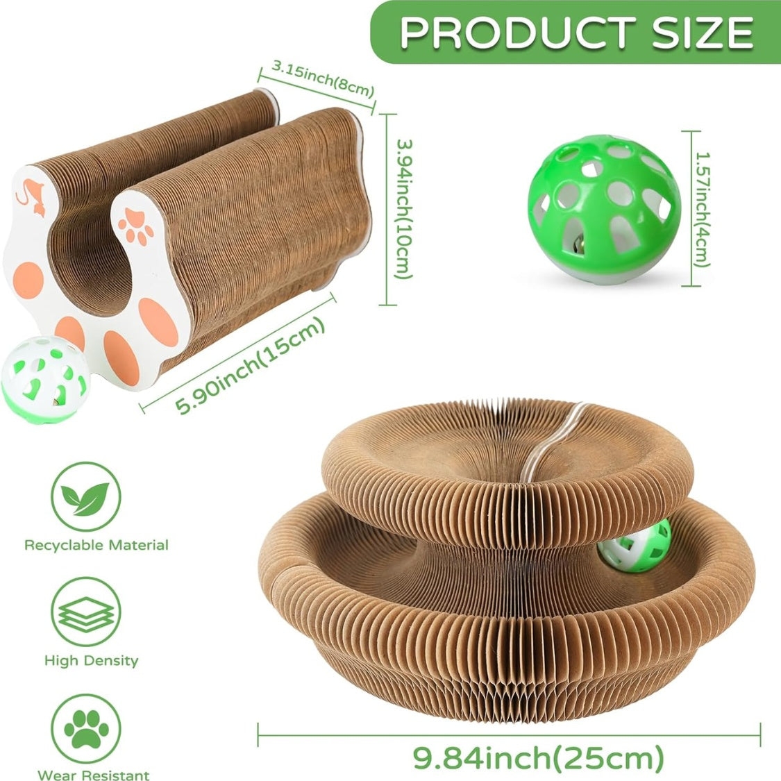 Accordion Cat Scratcher with Bell Ball – Foldable Corrugated Cardboard Scratching Toy, Brown – view 4