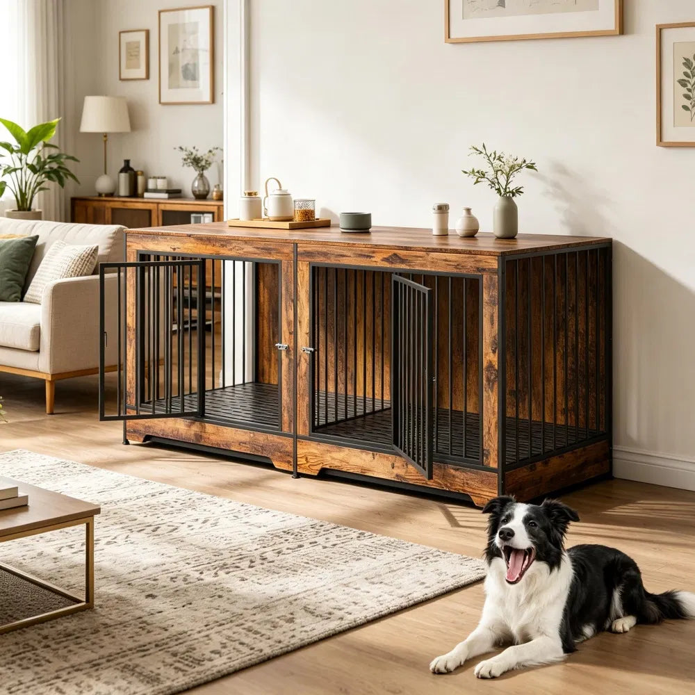 Double Dog Crate Furniture with Divider – End Table / TV Stand for 2 Dogs – view 5