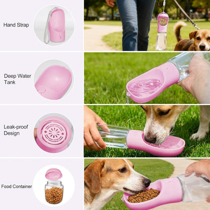 2-in-1 Portable Dog Water Bottle with Food Container – 12 oz, Leak-Proof, Pink – view 5