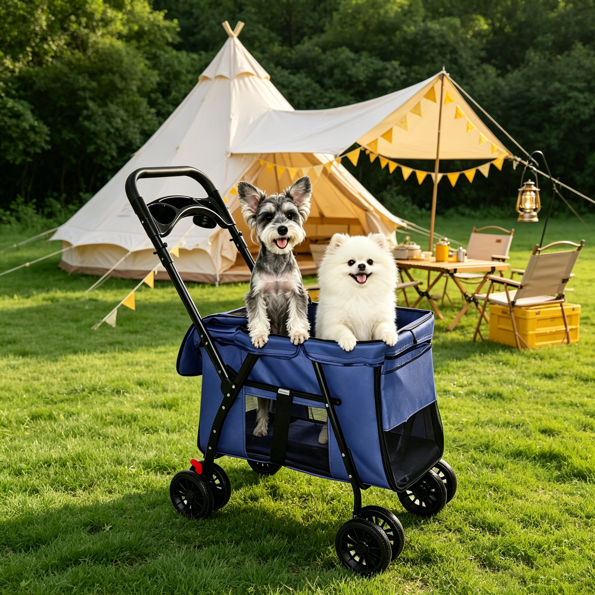Foldable 4-Wheel Pet Stroller – Breathable Mesh, Shockproof Wheels, Brakes, Holds 33 lbs, Navy Blue – view 10