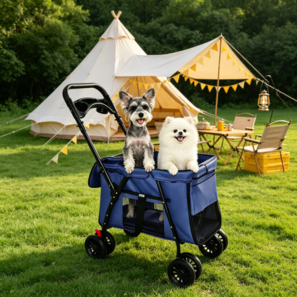 Foldable 4-Wheel Pet Stroller – Breathable Mesh, Shockproof Wheels, Brakes, Holds 33 lbs, Navy Blue – view 10