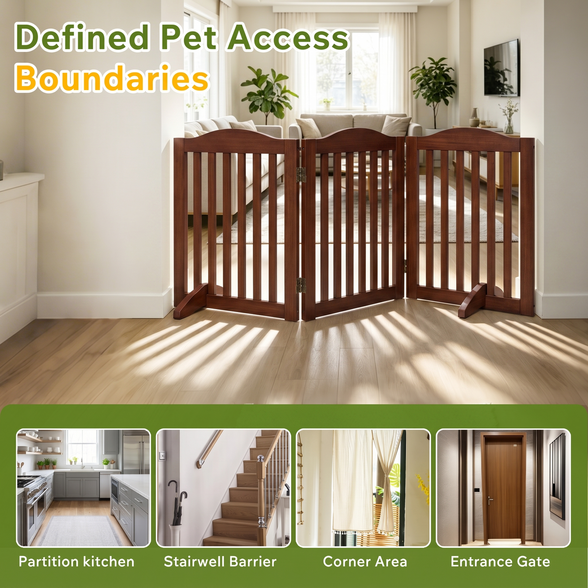 Freestanding Wooden Dog Gate – 3-Panel Foldable Step-Over Pet Fence, No Assembly, 24 in, Brown – view 4