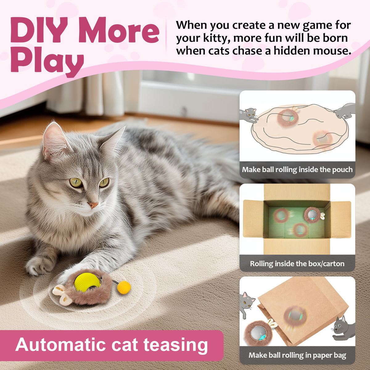 Motion-Activated Moving Cat Ball with Lights, Fluffy Tail and Bunny Ears, 3 Speed Modes – view 9