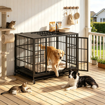Heavy-Duty Metal Dog Crate on Wheels – Double Doors, Perforated Top, Slide-Out Tray, Black