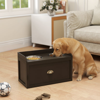 Elevated Dog Feeding Station with Sliding Storage Drawer – 2 Stainless Steel Bowls – Coffee