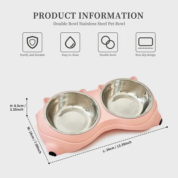 Pink Stainless Steel Double Cat Bowl Set with Anti-Slip Base, Food and Water Bowls, 600 ml Each