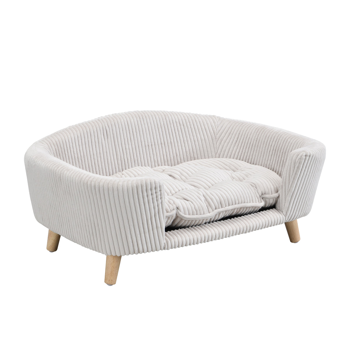 Elevated Dog Bed Frame for Small Dogs – Corduroy Pet Couch with Wood Legs, Beige – view 7