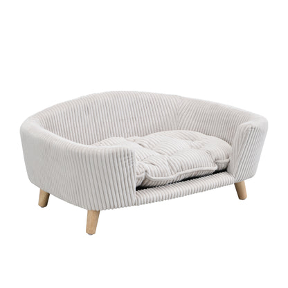 Elevated Dog Bed Frame for Small Dogs – Corduroy Pet Couch with Wood Legs, Beige – view 7