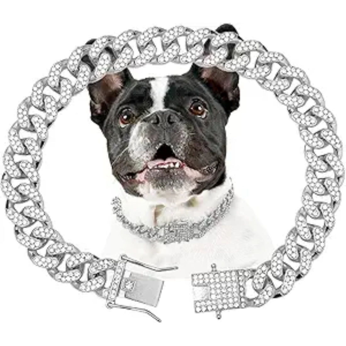 Cuban Link Dog Chain Collar – 13mm Silver Crystal Necklace for Medium &amp; Large Dogs, Zinc Alloy