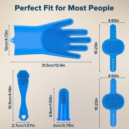 6-Piece Silicone Pet Bath Kit with Grooming Gloves, Bath Brushes &amp; Finger Toothbrushes, Blue – view 2