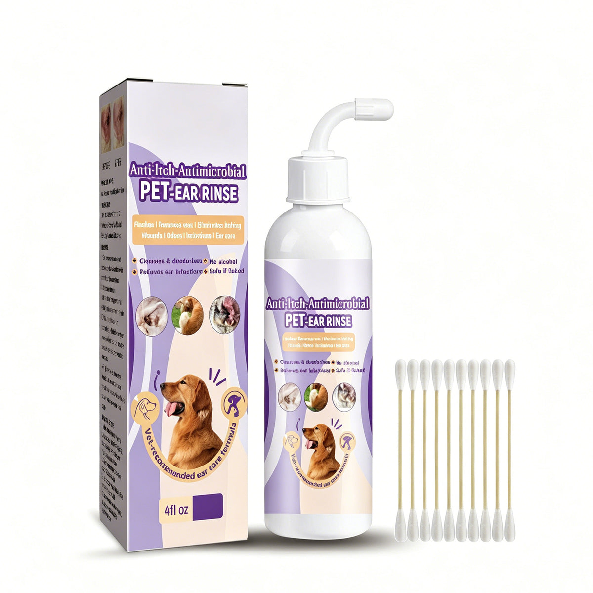 Alcohol-Free Pet Ear Rinse for Dogs and Cats – 4 fl oz (118 ml) with Cotton Swabs