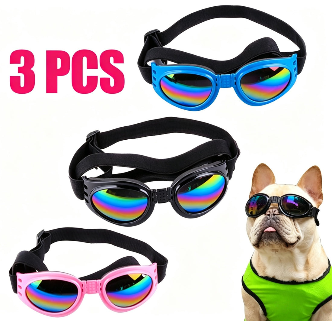 Small Dog Goggles 3-Pack – UV, Wind &amp; Dust Protection Pet Sunglasses, Adjustable, Black, Pink &amp; Blue