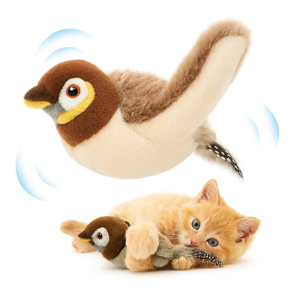 USB Rechargeable Flapping Bird Cat Toy, Chirping Plush Sparrow with Real Feathers and Catnip