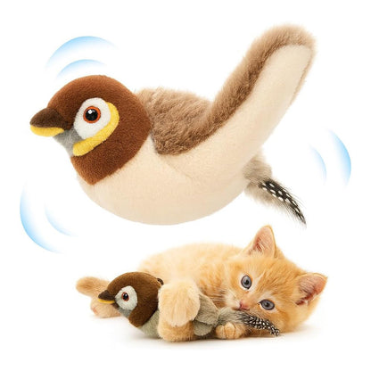 USB Rechargeable Flapping Bird Cat Toy, Chirping Plush Sparrow with Real Feathers and Catnip