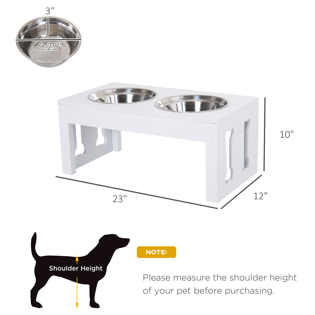 23 in Modern Raised Dog Bowl Stand with 2 Stainless Steel Bowls, Wooden Feeding Station, White – view 3