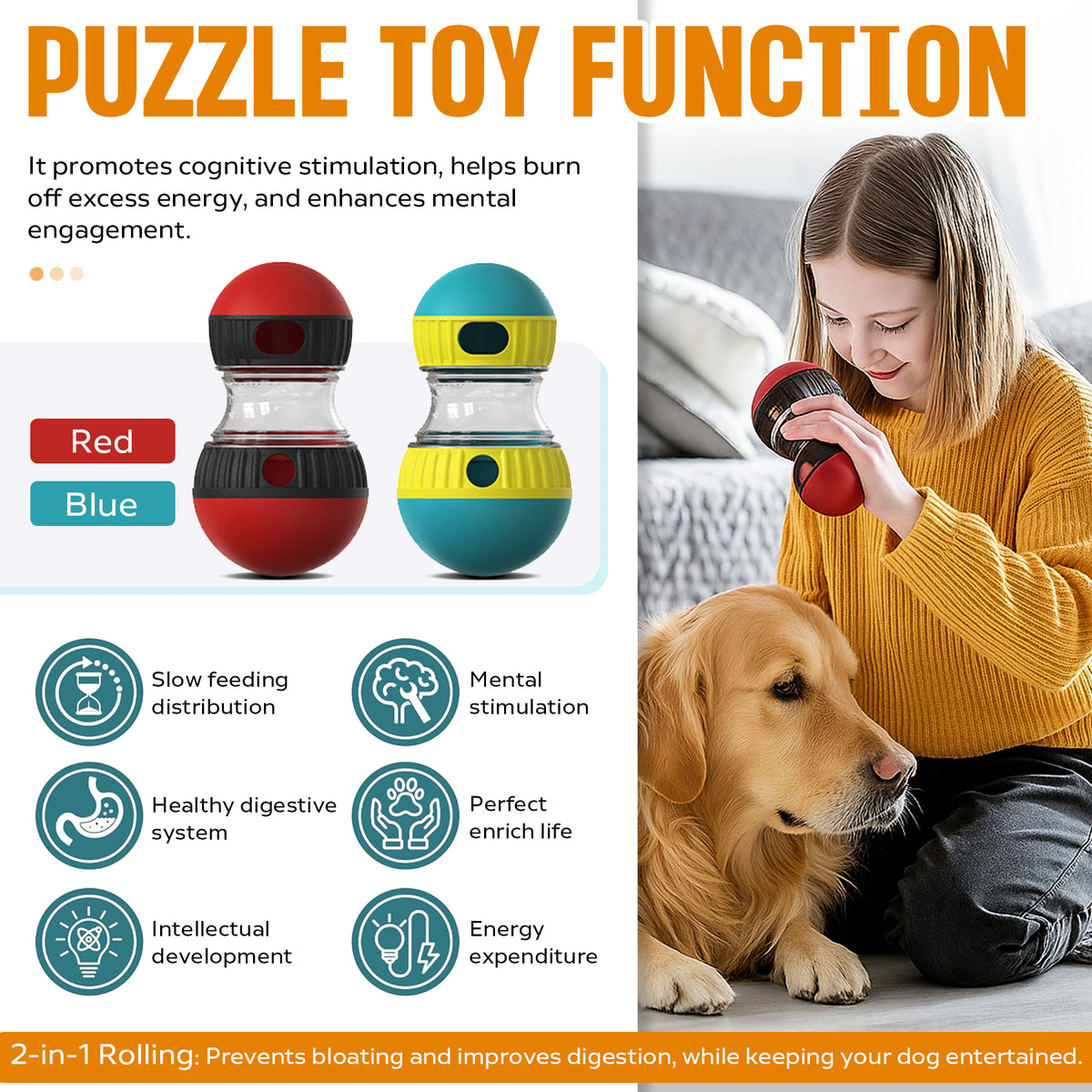 Adjustable Treat Dispensing Dog Ball, ABS Rolling Food Dispenser for Small to Large Dogs – view 6