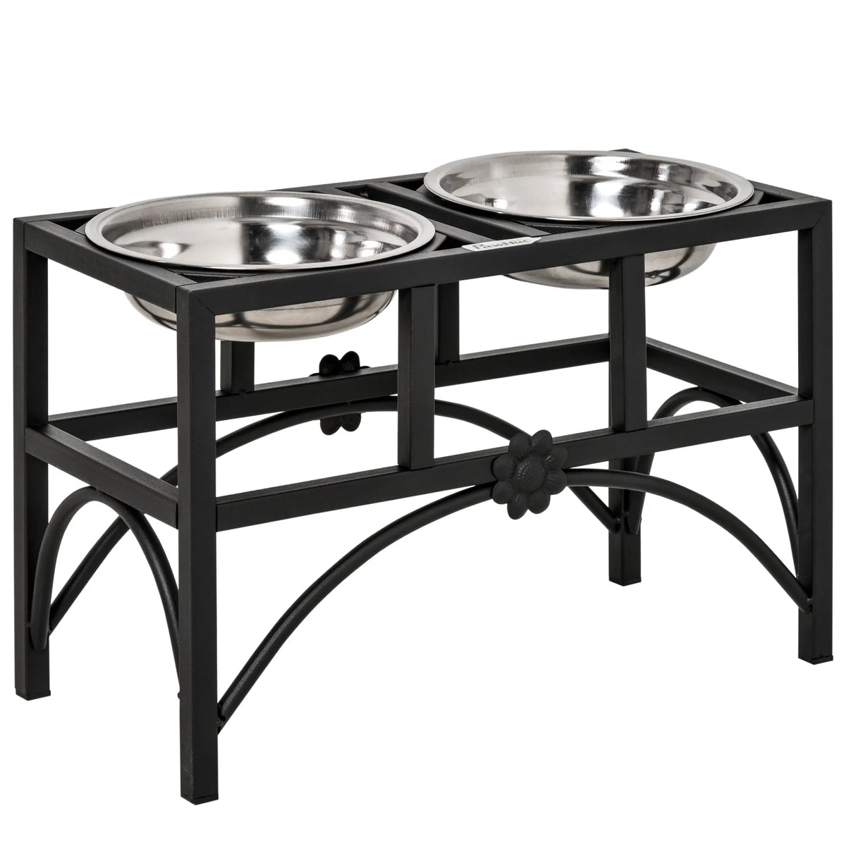 Raised Double Cat Bowl Stand with Iron Frame &amp; 2 Stainless Steel Bowls, Black and Silver – view 5