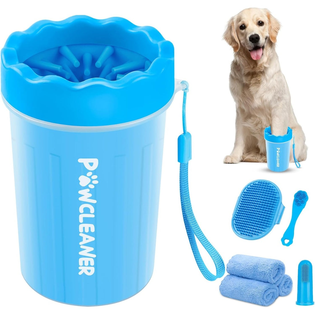 7-in-1 Dog Paw Cleaner Kit with Paw Washer Cup, Bath Brush, Toothbrushes and Towels, Blue