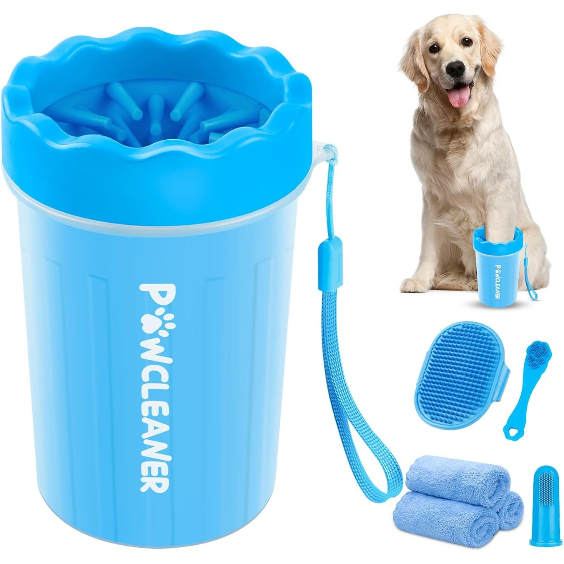 7-in-1 Dog Paw Cleaner Kit with Paw Washer Cup, Bath Brush, Toothbrushes and Towels, Blue