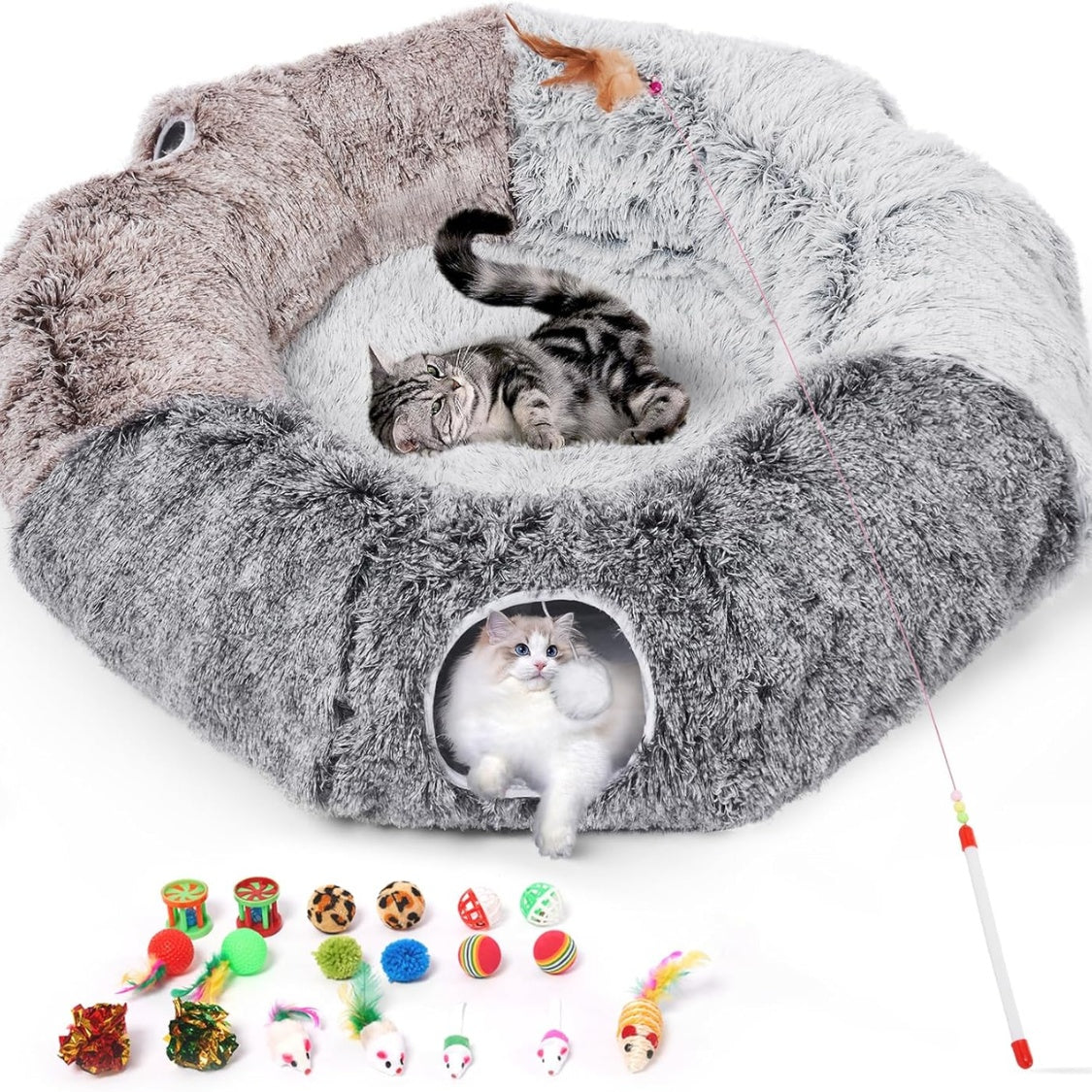 Large Plush Donut Cat Tunnel with Detachable Bed and 20 Cat Toys, 87 in, Gray