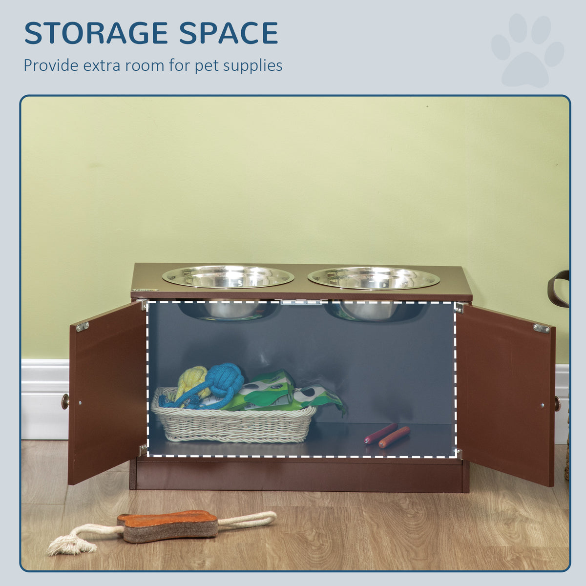 Elevated Dog Bowls with Storage Cabinet – Magnetic Doors, 2 Stainless Steel Bowls, Brown – view 5