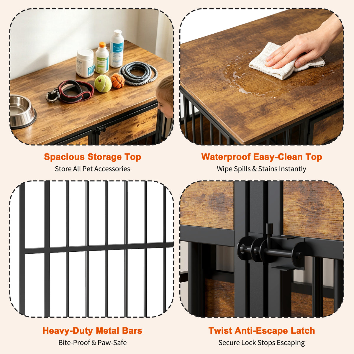 Wooden Dog Crate Furniture – Large Indoor Kennel with Tabletop, Metal Bars, Antique Brown – view 9