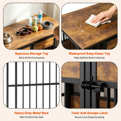 Wooden Dog Crate Furniture – Large Indoor Kennel with Tabletop, Metal Bars, Antique Brown – view 9