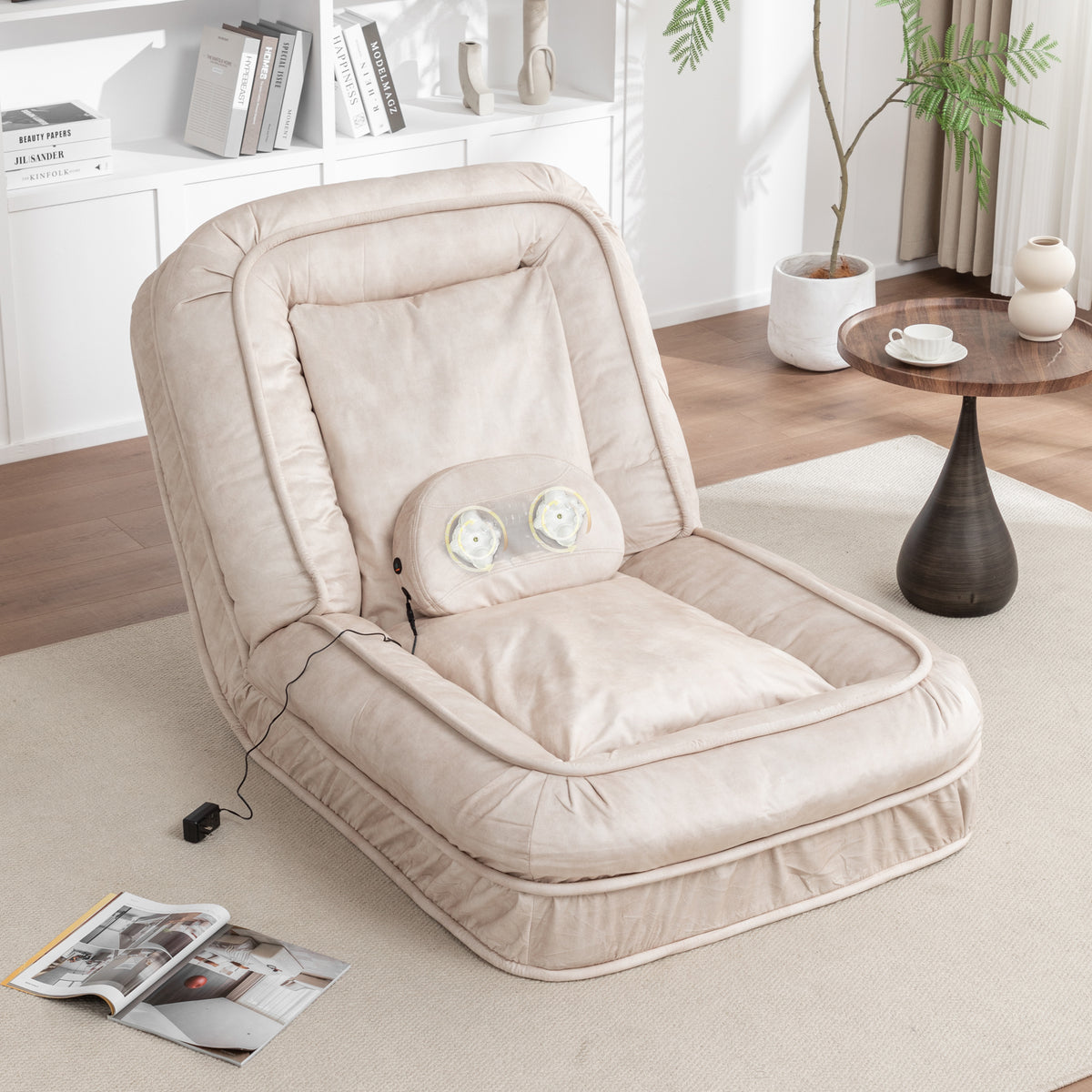 Human Dog Bed Floor Sofa – 5-Position Adjustable Backrest, Velvet, Massage Cushion, 2 Pillows, Beige – view 2