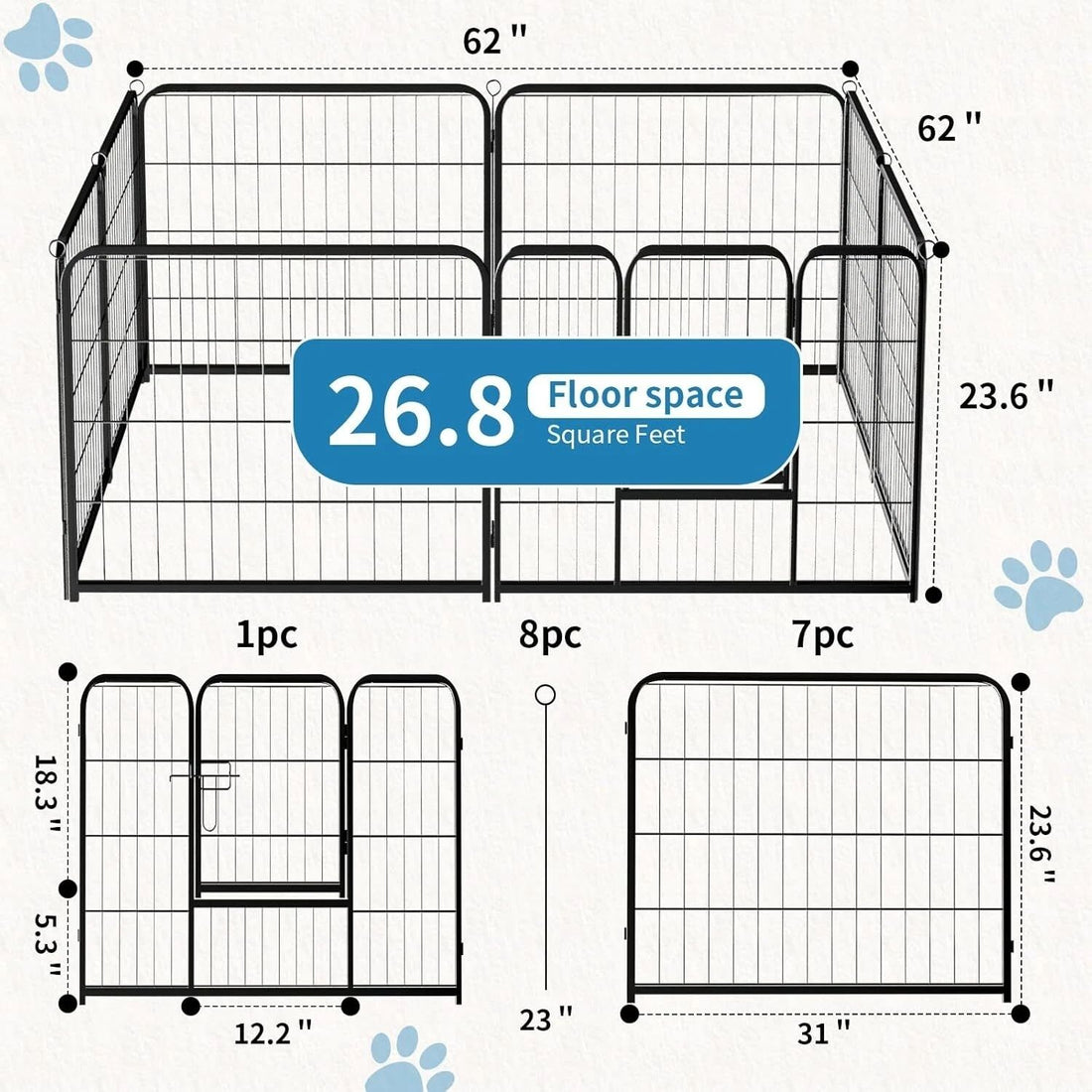 8-Panel Metal Dog Playpen with Gate – Indoor Outdoor Exercise Pen, Handle Lock, 24-Inch, Black – view 2
