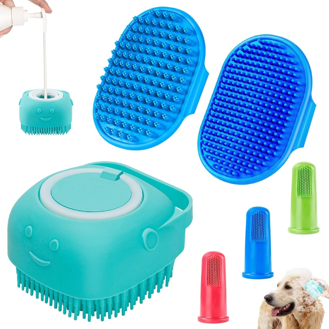 Dog Bath Brush Set – Shampoo Dispensing Brush &amp; 2 Adjustable Ring-Handle Scrubbers, Blue