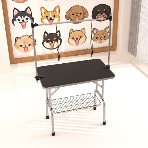 36-Inch Foldable Dog Grooming Table – Stainless Steel Legs, Adjustable Arm &amp; 2 Loops, Black