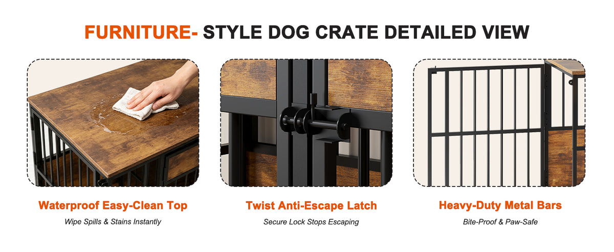 Wooden Dog Crate Furniture – Large Indoor Kennel with Tabletop, Metal Bars, Antique Brown – view 5