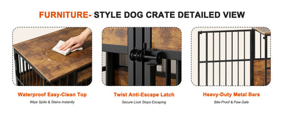 Wooden Dog Crate Furniture – Large Indoor Kennel with Tabletop, Metal Bars, Antique Brown – view 5