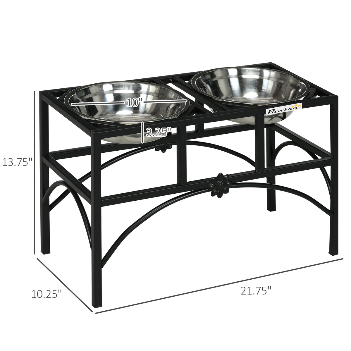 Elevated Double Dog Bowl Stand, Iron Frame with 2 Stainless Steel Bowls, 14 in Black and Silver – view 3