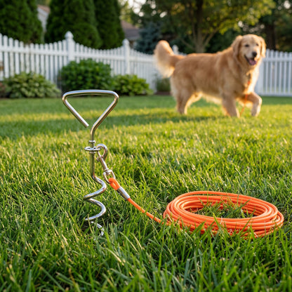 30 ft Dog Tie-Out Leash with Ground Stake – Waterproof PVC Lead for Yard, Camping &amp; Park, 5 Colors