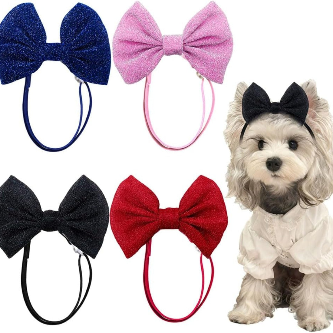Dog Bow Headbands 4-Pack – Adjustable Plush Bow Headbands for Small &amp; Medium Dogs &amp; Cats, Blue, Black, Red, Pink