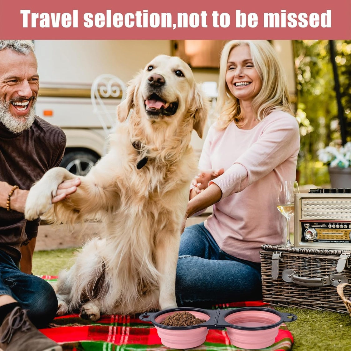 Collapsible Double Dog Travel Bowl with Lock Clips &amp; Flip-Over Fold, Pink – view 5