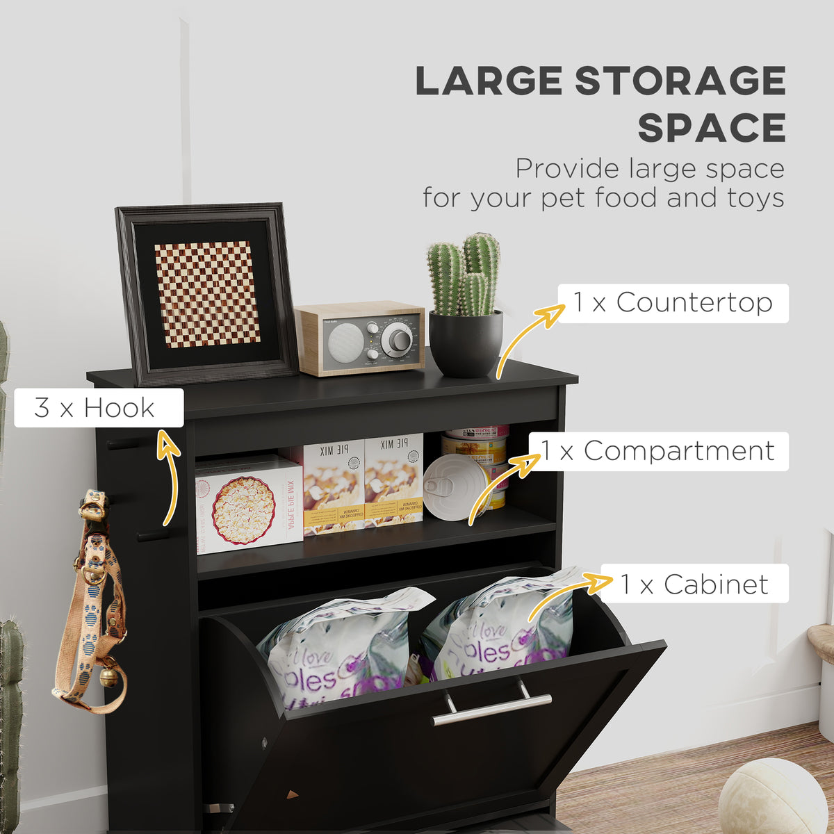 Pet Feeder Storage Cabinet with Pull-Out Bowl Drawer, Shelf &amp; Leash Hooks, Black – view 5