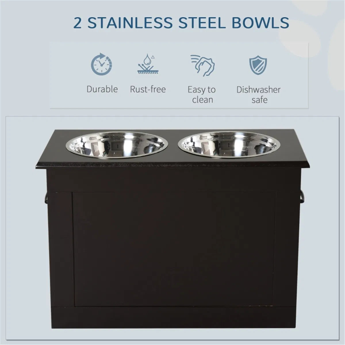 Raised Dog Feeder Stand with Storage &amp; 2 Stainless Steel Bowls for Large Dogs, Dark Brown – view 7