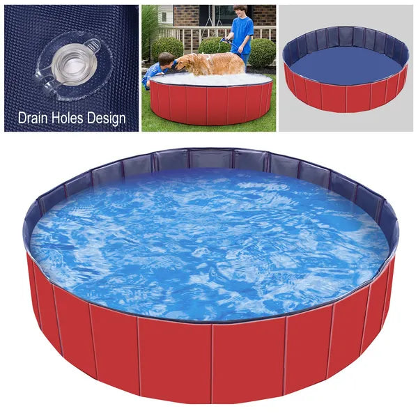 Foldable Dog Pool – No-Inflate PVC Pet Bathing Tub with Drain, 63" x 11.8", Red or Blue