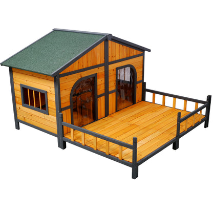 Wooden Double Dog House with Porch – Elevated Floor, Weatherproof Outdoor Kennel – view 6