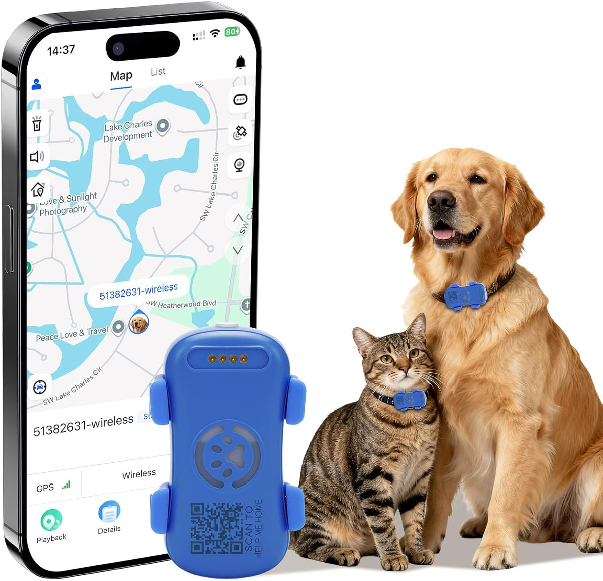 Real-Time Dog GPS Tracker – Geofence Alerts, Sound &amp; Light Finder, IP67 Waterproof (App Subscription Required)