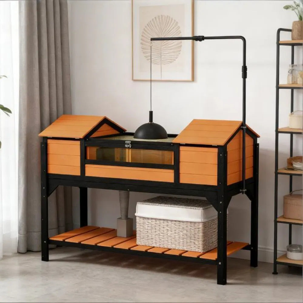 Wooden Tortoise House with Dual Hide Boxes, Divided Run &amp; Lamp Holder, Yellow and Black – view 9
