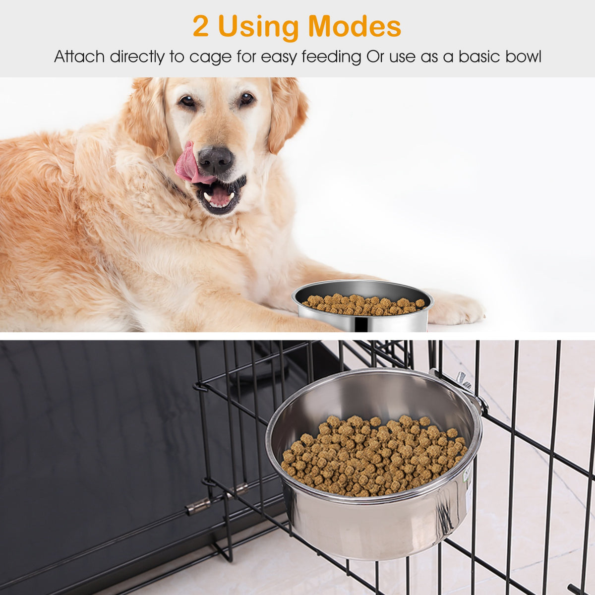 Stainless Steel Crate Dog Bowl with Clamp Holder, Hanging Cage Food and Water Bowl, Medium – view 4