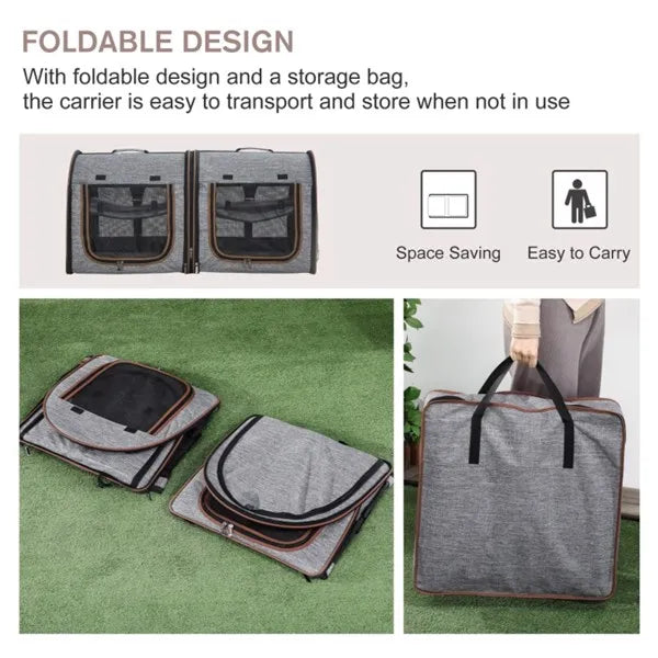 Foldable Double Cat Carrier – Converts to 2 Carriers, Mesh Windows, Seat Belt Strap, Gray – view 6