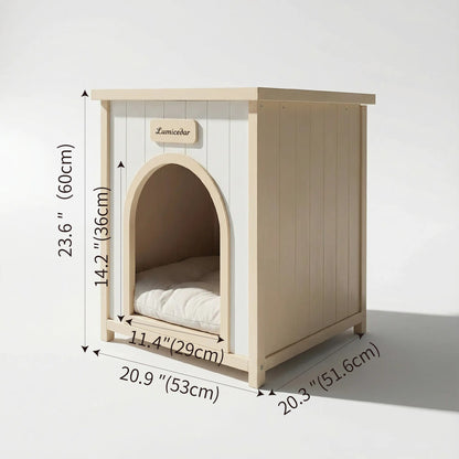 Solid Cedar Indoor Dog House – Removable Cushion, Side Table Top, Cream White &amp; Light Yellow – view 6