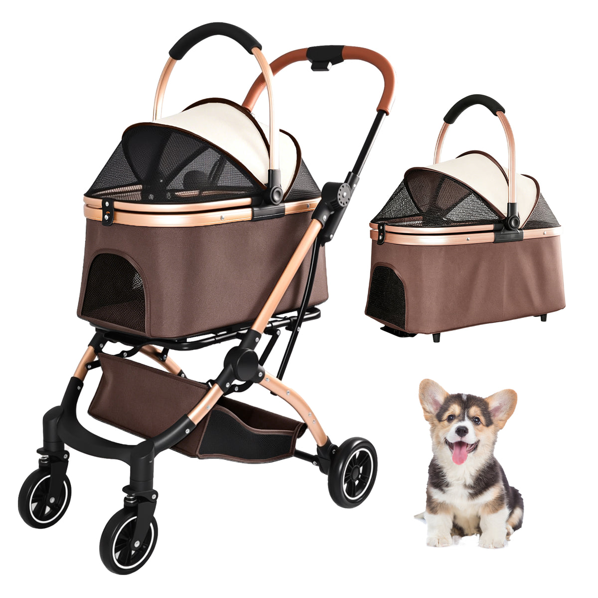 2-in-1 Foldable Pet Stroller – Detachable Carrier, 4 Wheels, Sun Canopy, Khaki