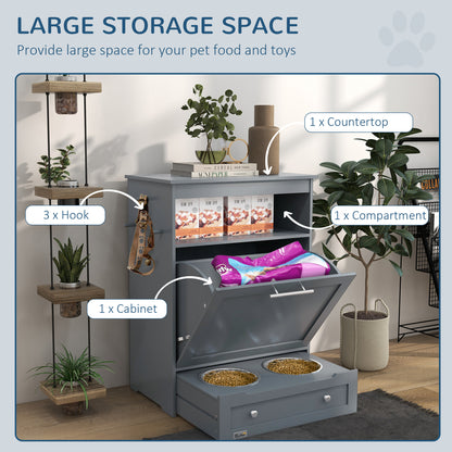 Pet Feeder Station Storage Cabinet with Pull-Out Raised Bowls, Shelf &amp; Leash Hooks, Gray – view 5